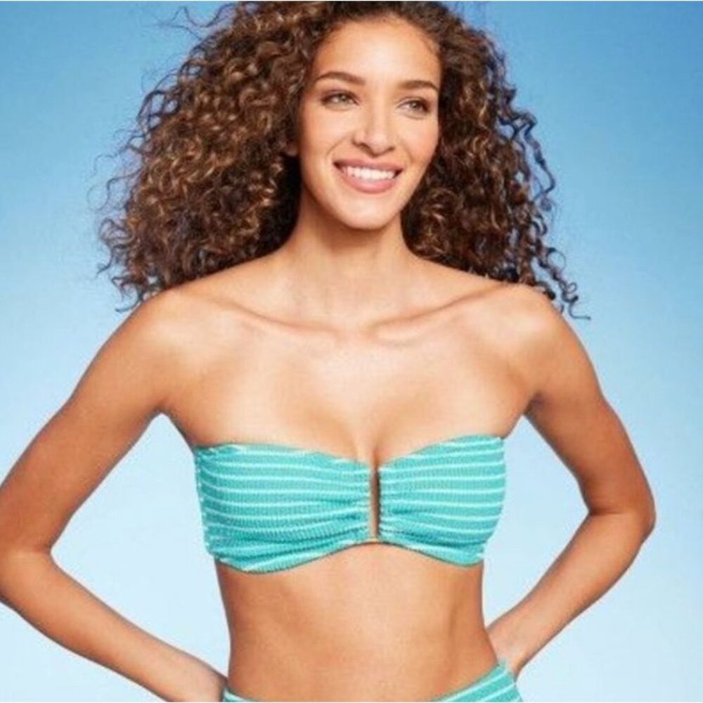 SHADE & SHORE BIKINI TOP PUCKER FRONT U-WIRE BANDEAU TEXTURE STRIPED TEAL LARGE